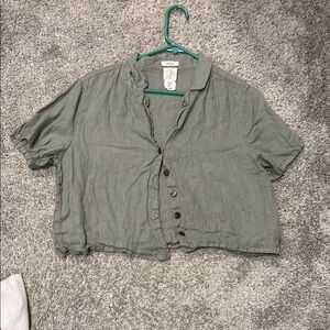 Joie Green Crop Button Down Shirt with Notched Collar